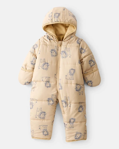 Baby Boy 1-Piece Lion Print Hooded Pram Snowsuit - Khaki