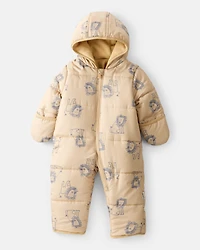 Baby Boy 1-Piece Lion Print Hooded Pram Snowsuit - Khaki