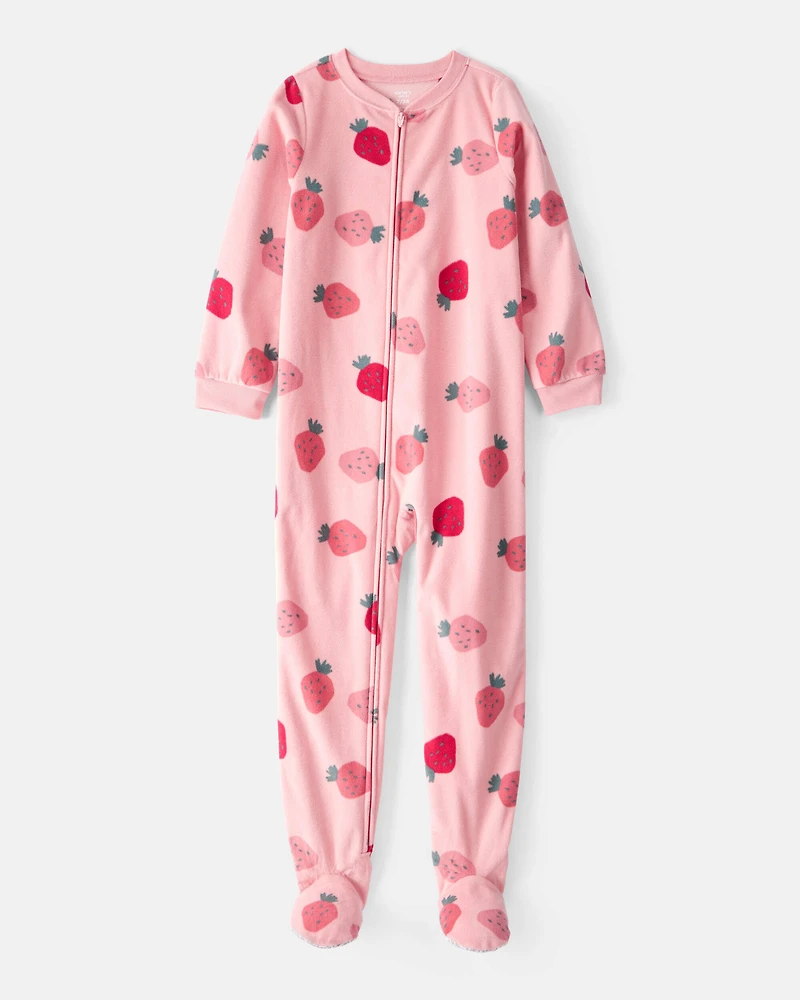 Kid 1-Piece Strawberry Fleece Footie Pajamas - Pink