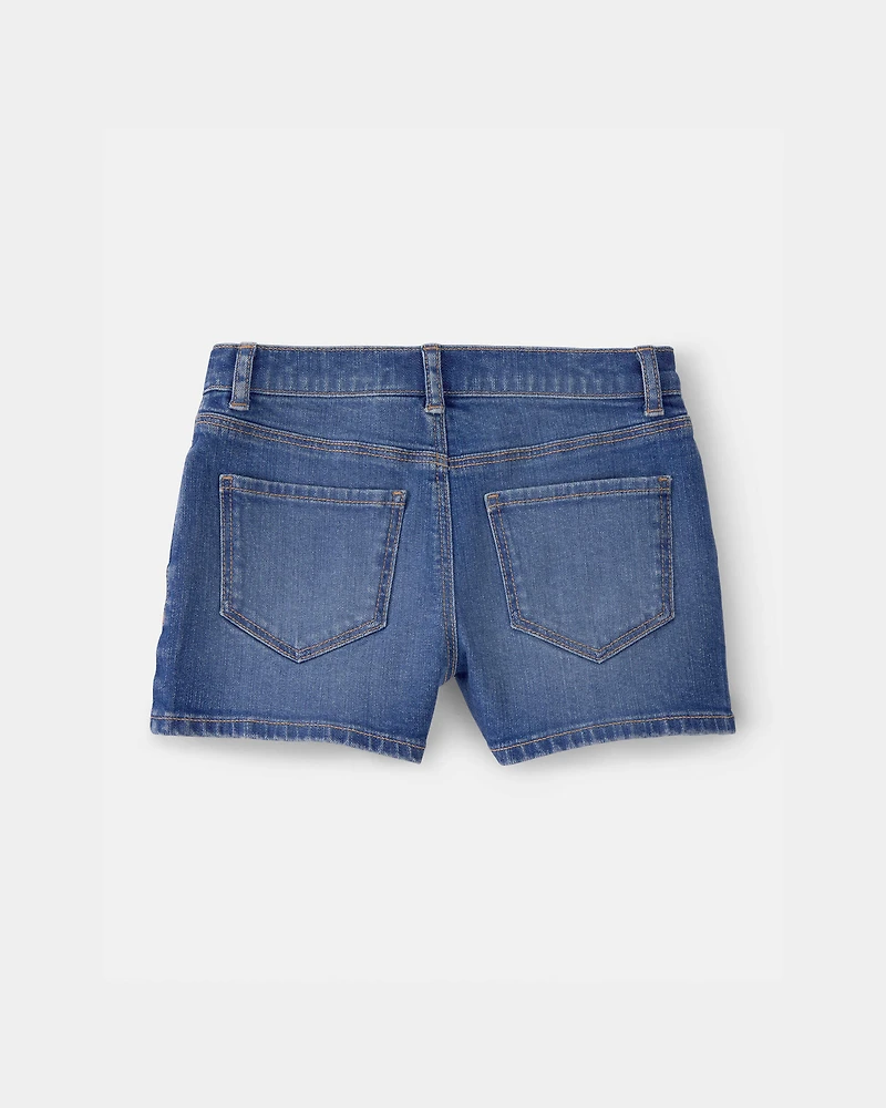 Girls Floral Denim Embroidered Shorts - Medium Wash