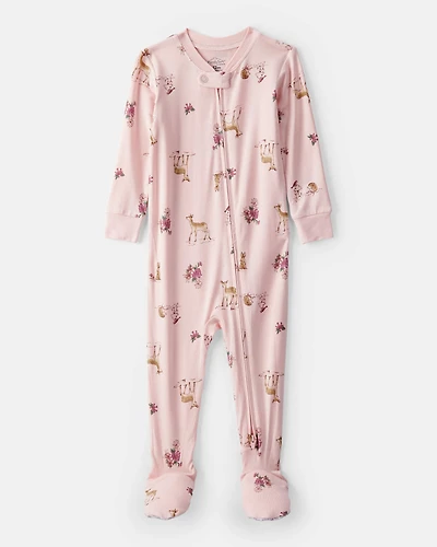 Baby Girl Deer & Floral Print PurelySoft Long-Sleeve 2-Way Zip 1-Piece Pajamas - Pink