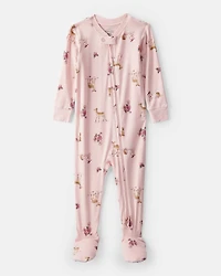 Baby Girl Deer & Floral Print PurelySoft Long-Sleeve 2-Way Zip 1-Piece Pajamas - Pink
