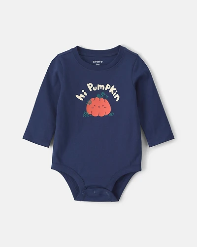 Baby Boy 'Hi Pumpkin' Long-Sleeve Graphic Bodysuit - Navy Blue