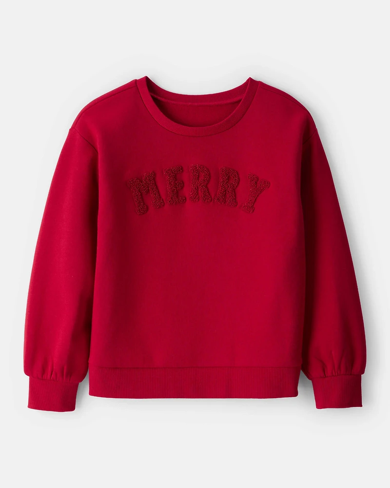 Girls Christmas Merry Long-Sleeve Pullover Sweatshirt - Red