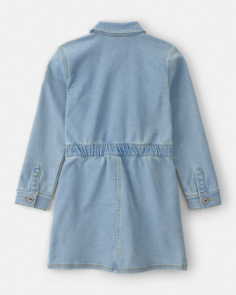 Girls Button-Front Long-Sleeve Denim Dress - Blue