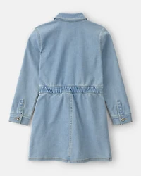 Girls Button-Front Long-Sleeve Denim Dress - Blue