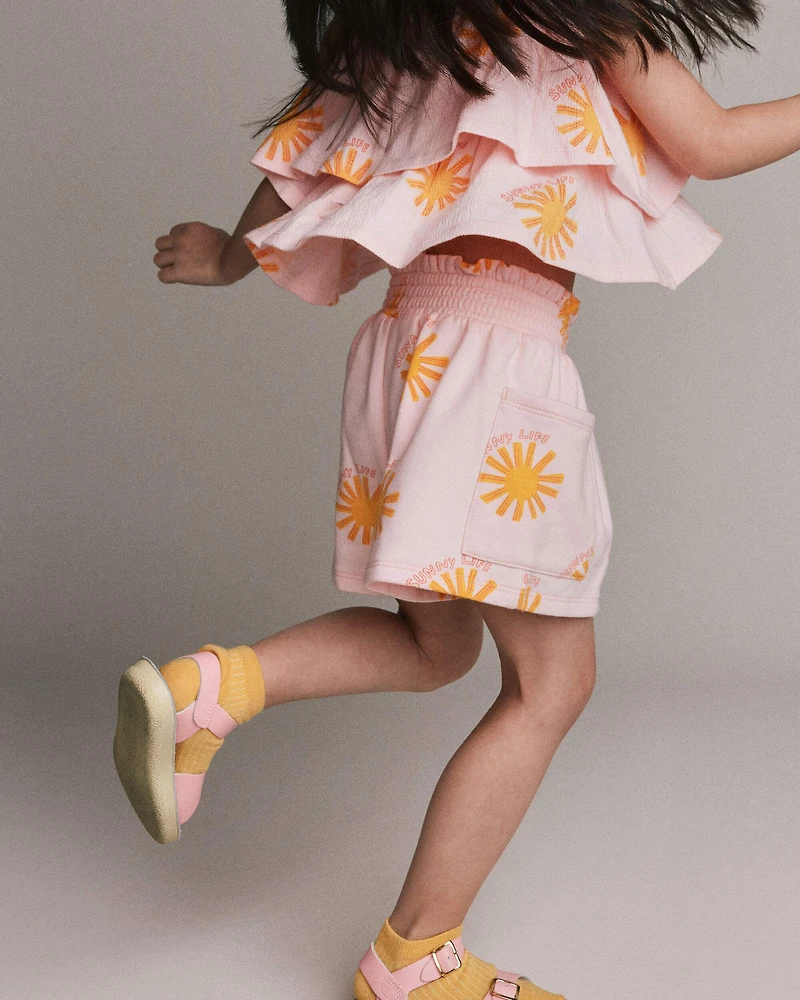 Toddler Girl Swing Shorts with Pockets in Sunny Life Print - Light Pink