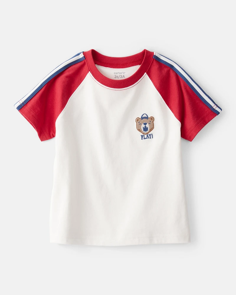 Toddler Boy 2-Piece Bear Graphic Tee & Striped Joggers Set - White/Red