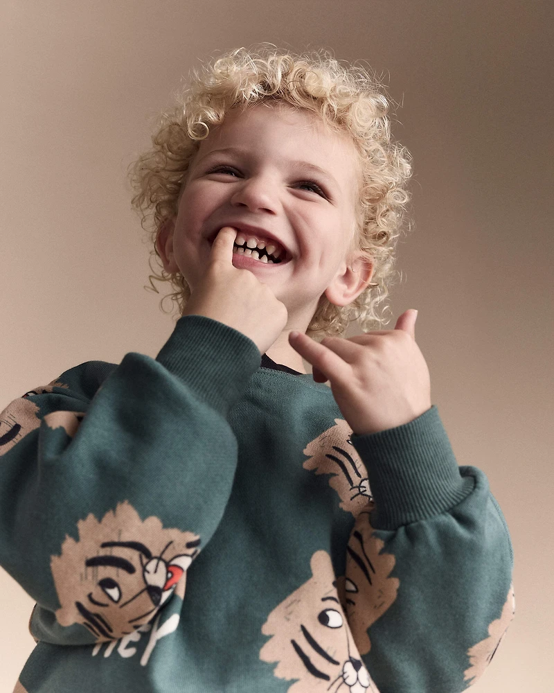 Toddler 'Hey' Tiger Dolman-Sleeve Sweatshirt - Green