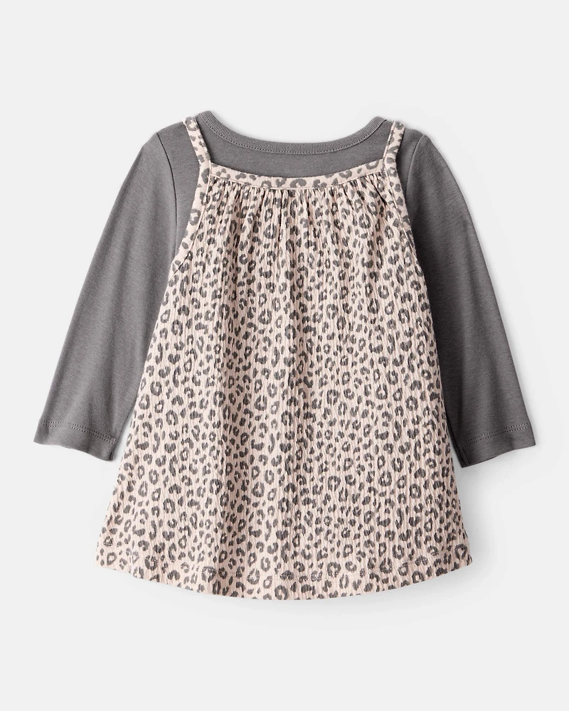 Baby Girl 2-Piece Leopard Print Long-Sleeve Dress Set - Grey/Brown
