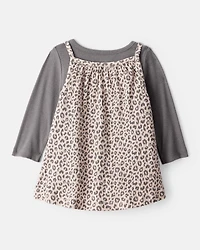 Baby Girl 2-Piece Leopard Print Long-Sleeve Dress Set - Grey/Brown