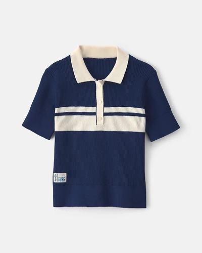 Girls Striped Polo Shirt - Navy Blue