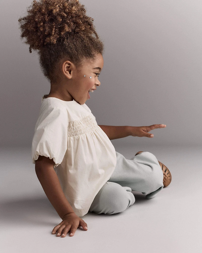 Toddler Girl Smocked Bubble Sleeve Top - Cream