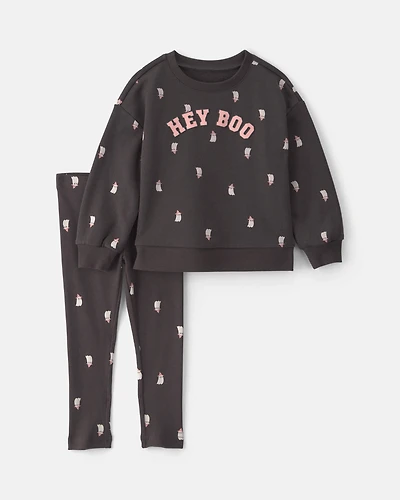 Baby Girl 'Hey Boo' Ghost French Terry Long-Sleeve Top & Pant Set - Black