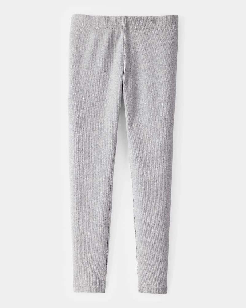 Girls Solid Cotton Ribbed Stretch Leggings - Grey