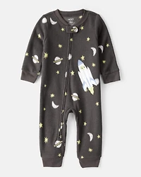 Baby Boy Spaceship Star Print Fleece Long-Sleeve Loose Fit 1-Piece Pajamas - Grey