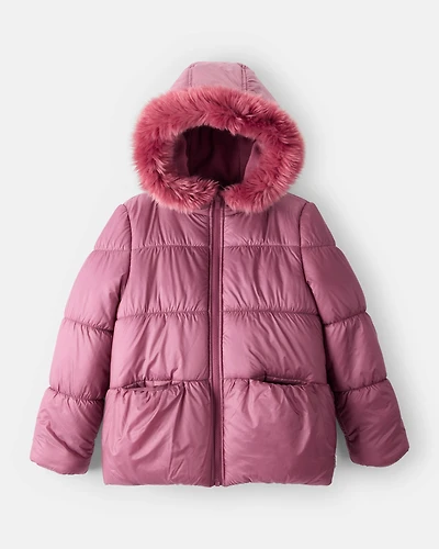 Girls Hooded Puffer Jacket - Burgundy