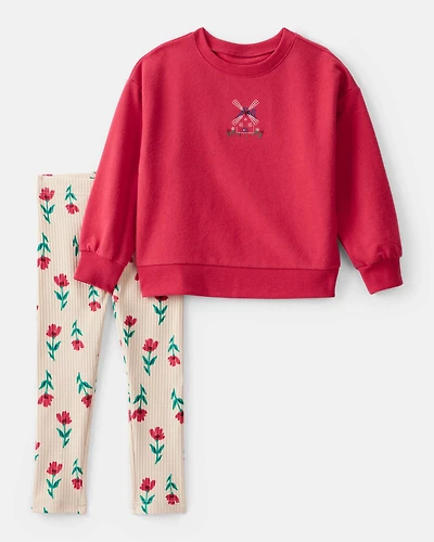 Toddler Girl Floral Windmill French Terry Long-Sleeve Tee & Pant Set - Red