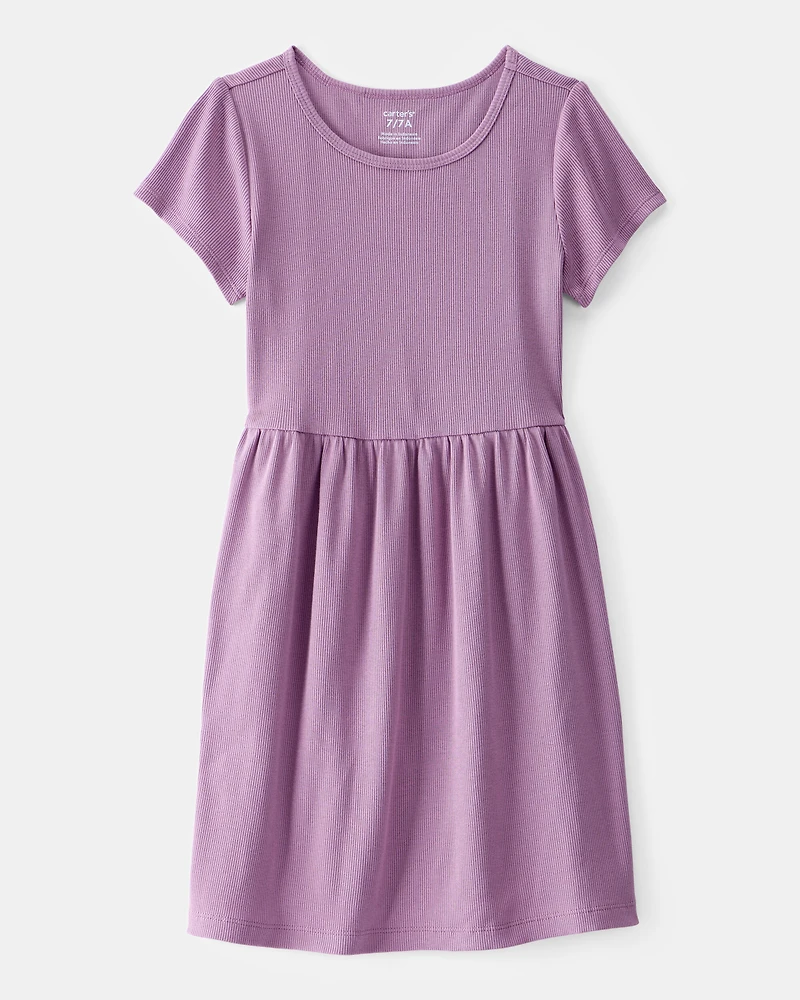 Girls Ribbed Short-Sleeve Dress - Purple