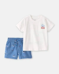 Toddler Boy 2-Piece 'Ahoy There' Graphic Tee & Sailboat Shorts Set - White/Blue