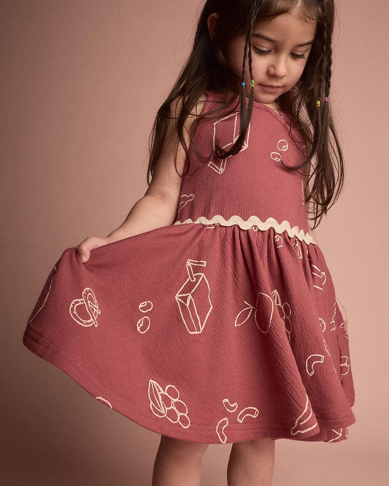Toddler Girl Ric-Rac Crossover Dress in Snack Print - Red