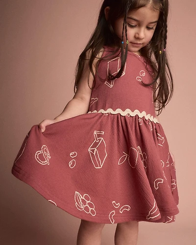 Toddler Girl Ric-Rac Crossover Dress in Snack Print - Red