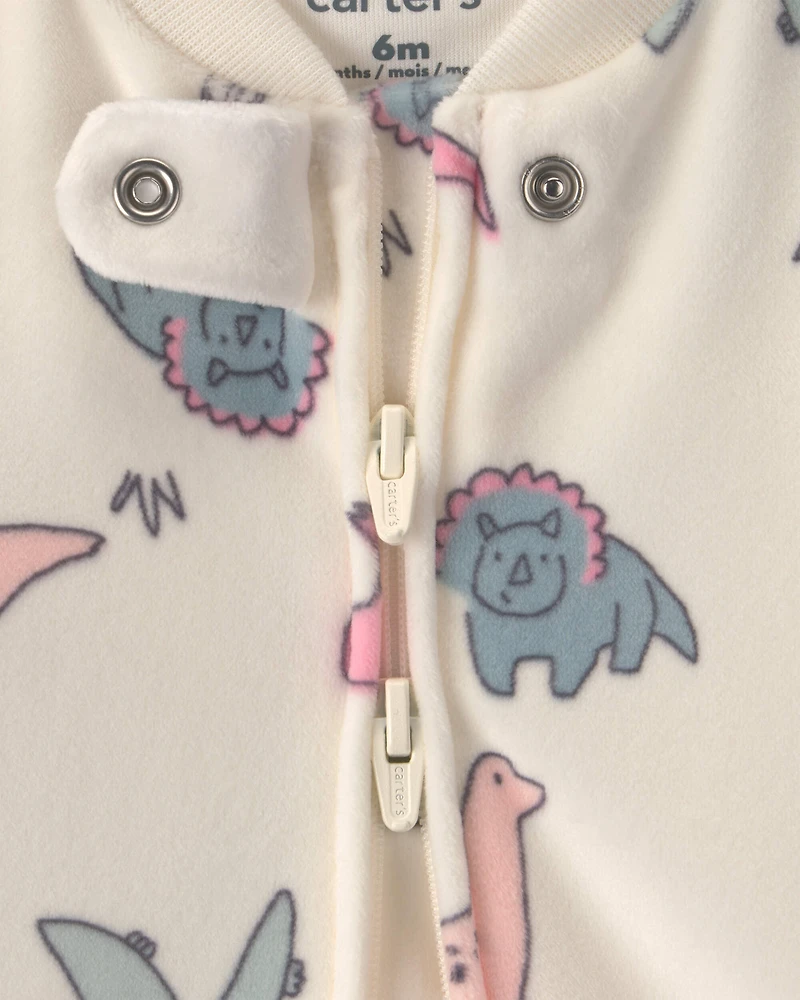 Baby Girl Dinosaur Fleece 2-Way Zip Sleep & Play Pajamas - Cream