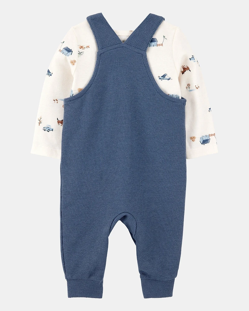 Baby 2-Piece Long-Sleeve Tee & Waffle Knit Coverall Set - Blue/White