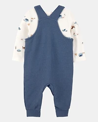Baby 2-Piece Long-Sleeve Tee & Waffle Knit Coverall Set - Blue/White