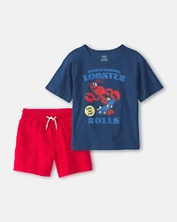 Boys 2-Piece Lobster Graphic Tee & Shorts Set - Navy/Red
