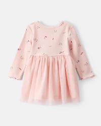 Baby Girl Heart Print Long-Sleeve Dress - Pink