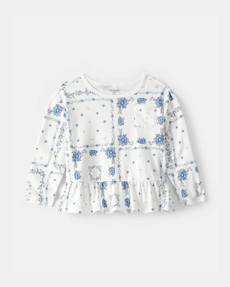 Toddler Girl 2-Piece Floral Peplum Top & Denim Jeans Set - White/Blue