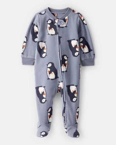 Baby Boy Penguin Fleece 2-Way Zip Sleep & Play Pajamas - Grey