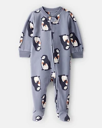 Baby Boy Penguin Fleece 2-Way Zip Sleep & Play Pajamas - Grey