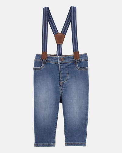 Baby Knit-Denim Suspender Pants - Blue