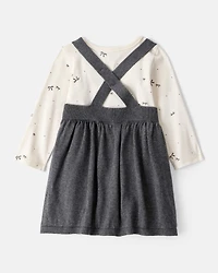 Baby Girl Bow Print Cotton Long-Sleeve Dress Set - Grey