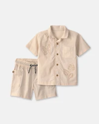 Toddler Boy 2-Piece Toucan Embroidered Top & Short Set - Khaki
