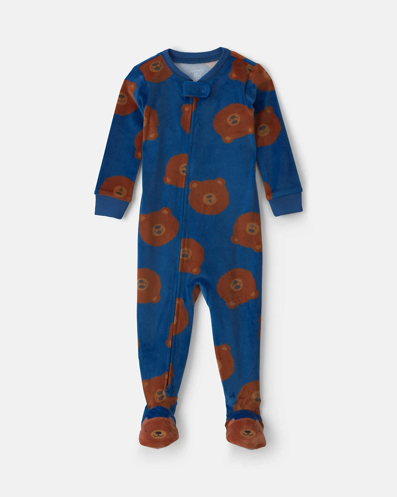Baby Boy 1-Piece Bear 2-Way Zip DreamPlush Snug Fit Footed Pajama - Navy Blue