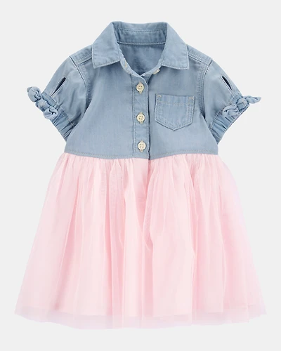 Baby Denim Shirt Dress With Tulle Skirt