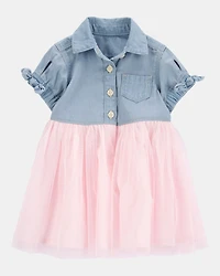 Baby Denim Shirt Dress With Tulle Skirt
