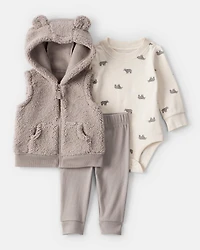 Baby Boy 3-Piece Bear Print Sleeveless Jacket, Bodysuit & Pant Set - Tan/Ivory