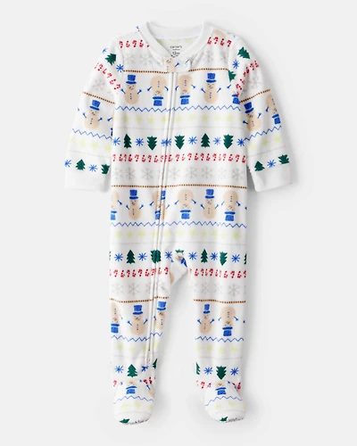 Toddler Snowman Fair Isle Fleece Long-Sleeve Loose Fit 1-Piece Pajamas - White