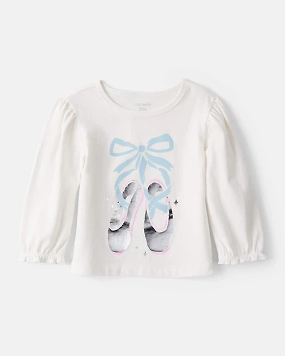 Baby Girl Metallic Ballet Shoe Long-Sleeve Graphic Tee - White