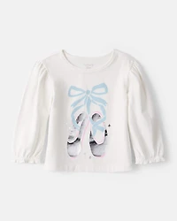 Baby Girl Metallic Ballet Shoe Long-Sleeve Graphic Tee - White