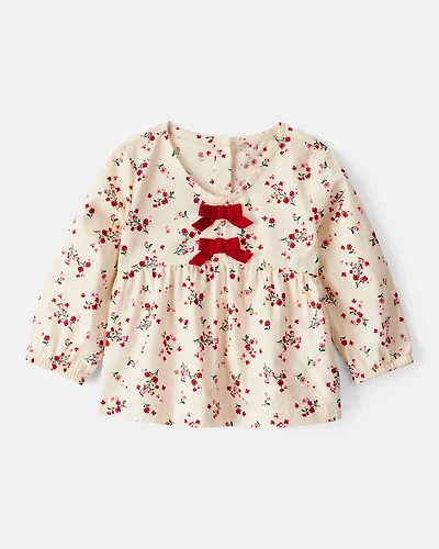 Baby Girl Floral Print 100% Cotton Long-Sleeve Top - Ivory