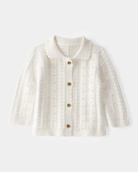 Baby Girl Pointelle Button-Down Collared Cardigan - Ivory