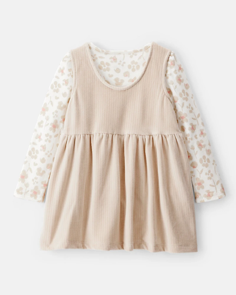 Toddler Girl Floral Velour Dress Set - Tan