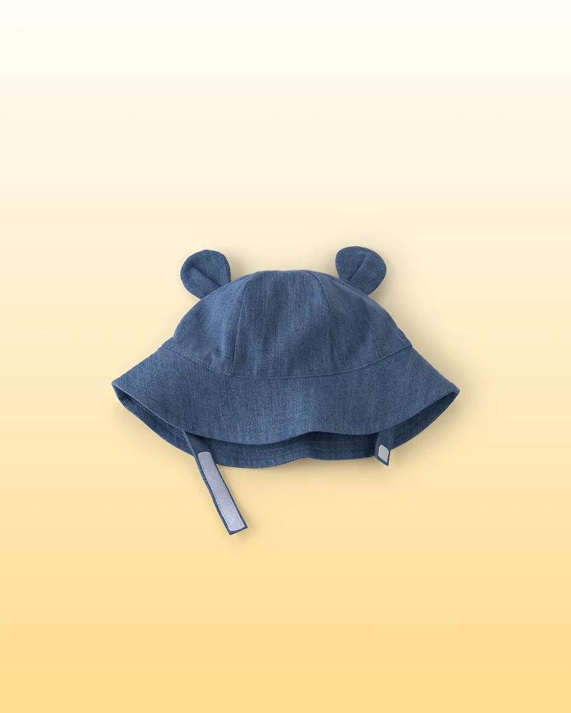 Baby Chambray Bucket Hat with Bear Ears - Indigo