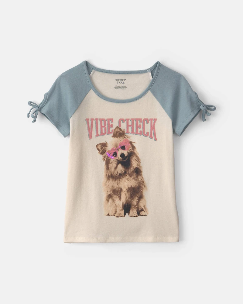 Girls 'Vibe Check' Dog Graphic Tee - Cream/Blue