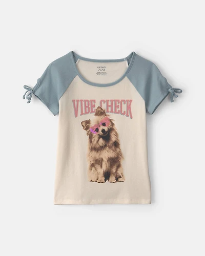 Girls 'Vibe Check' Dog Graphic Tee - Cream/Blue